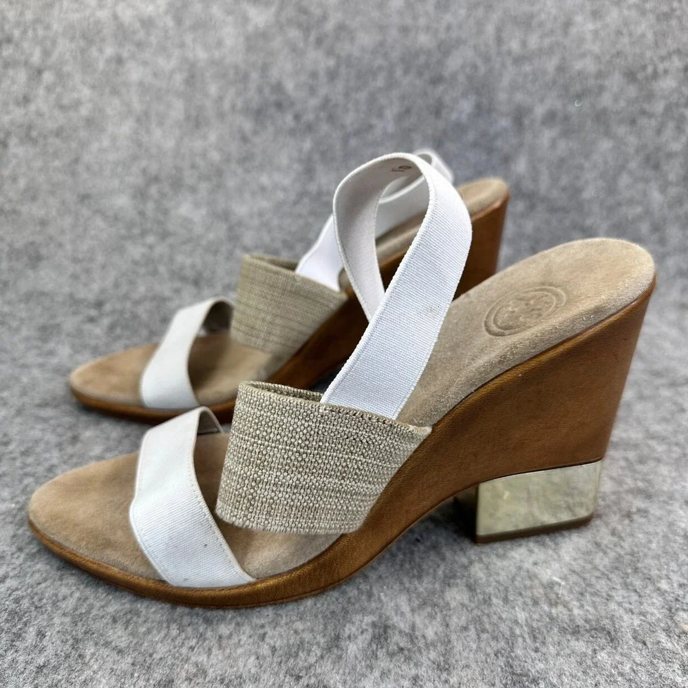 Charleston Wedge Sandals Womens 10 White Tan Elastic Comfort Shoes